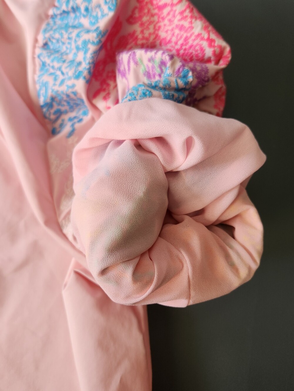 THML Pink Embroidered Puff Sleeve Button Back Blouse Large Ruffled Neck Festival - Picture 6 of 11